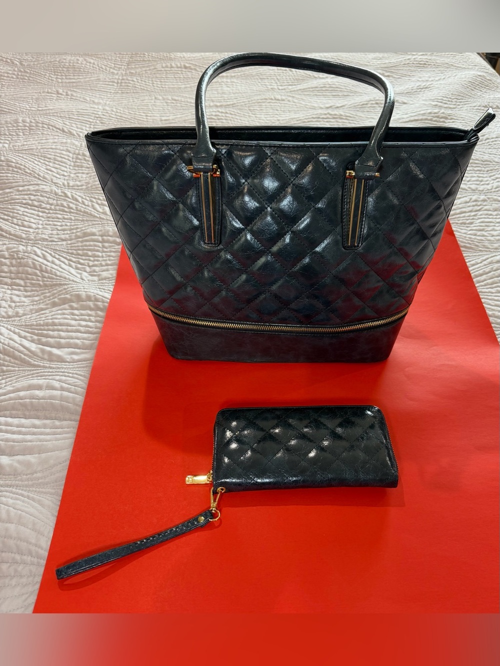 Quilted Black Tote with Matching Wristlet - Gold Accent